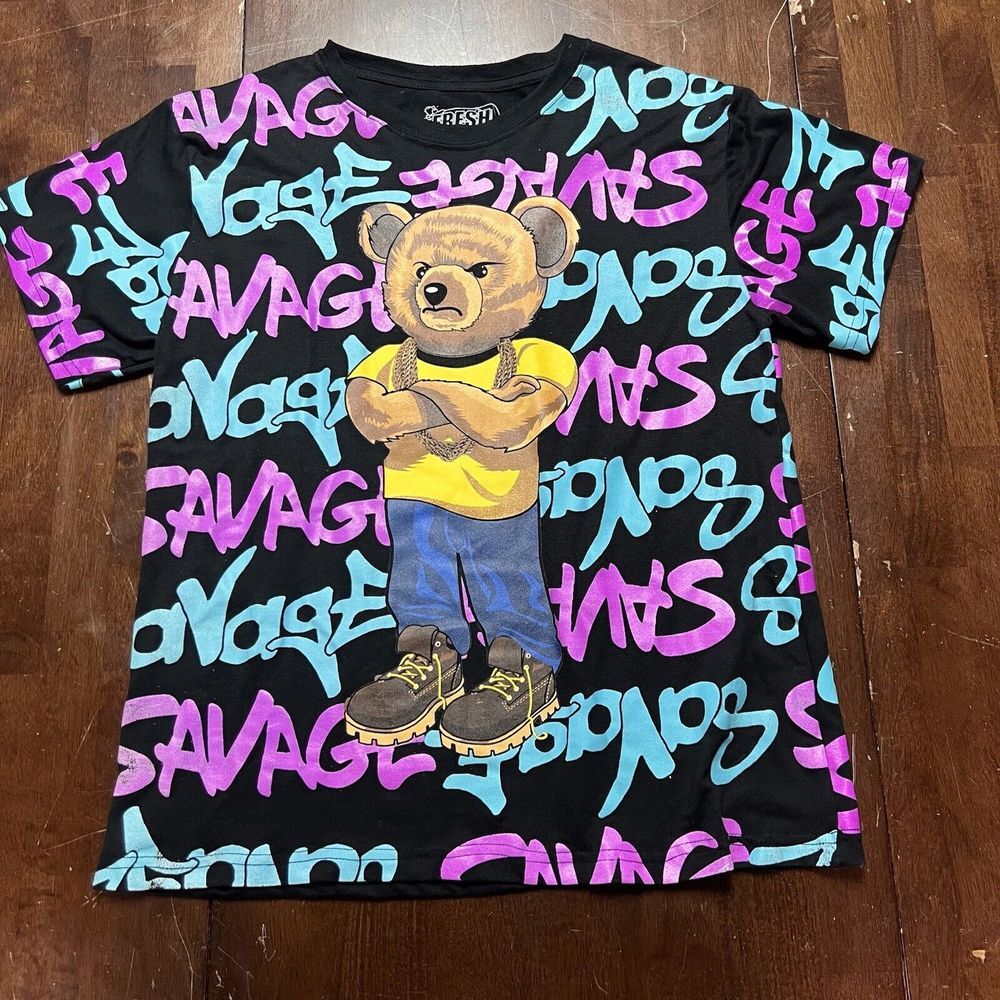 Fresh Laundry Savage Bear Shirt Youth Size‎ XL Black Hype Spell out AOP